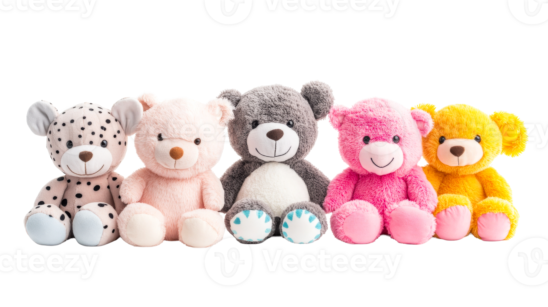 Line of colorful stuffed animals, five plush toys, assorted colors, cut out transparent png