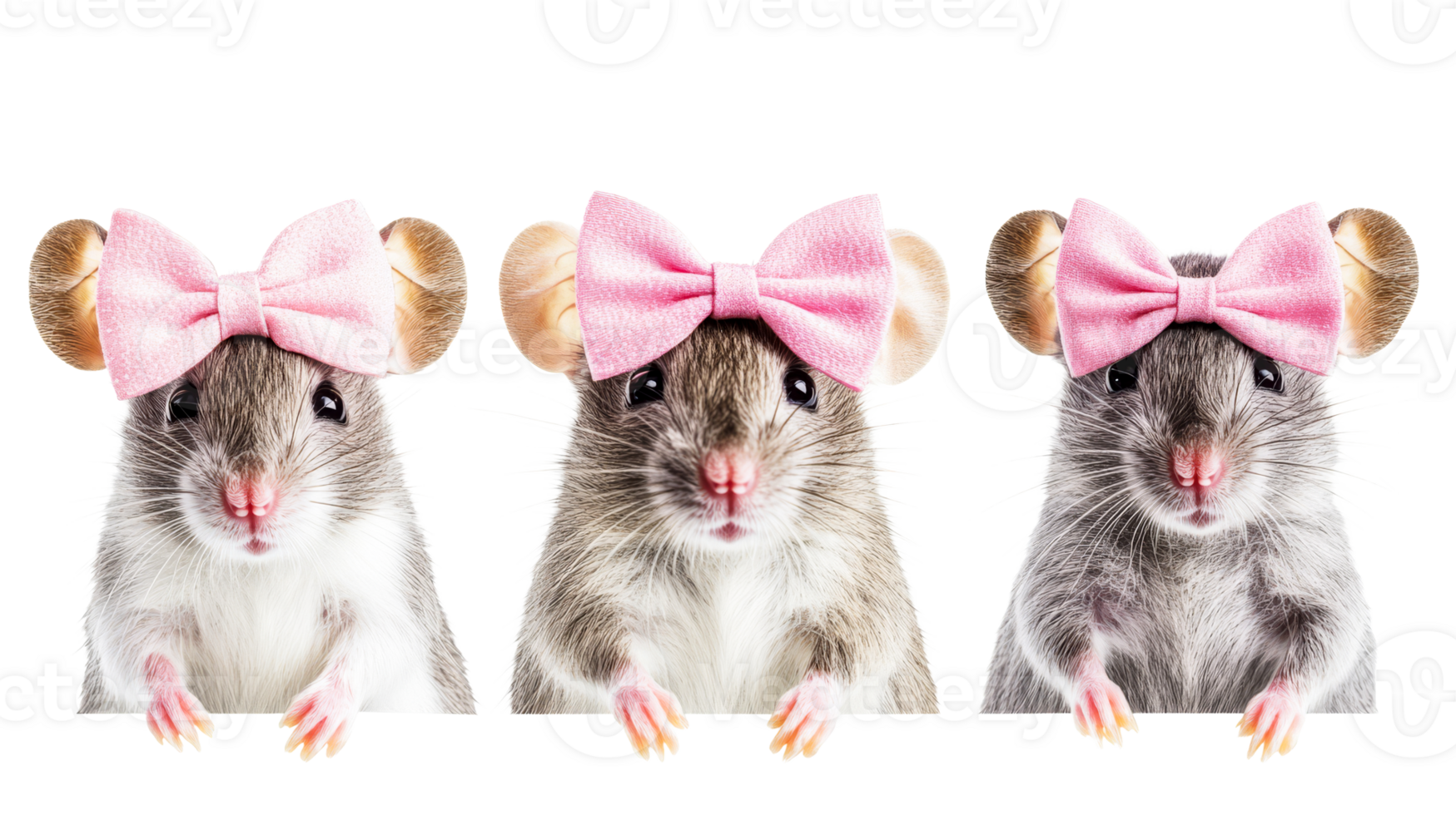 Three cute mouses with pink bow on black background, cut out transparent png
