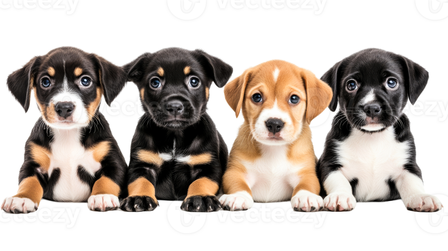 Four adorable puppies sitting in a row with a transparent backdrop, cut out transparent png
