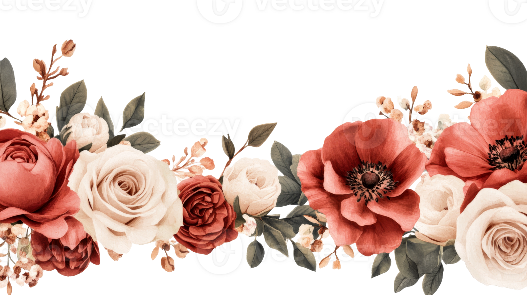 Floral arrangement of roses and poppies, dark background, cut out transparent png