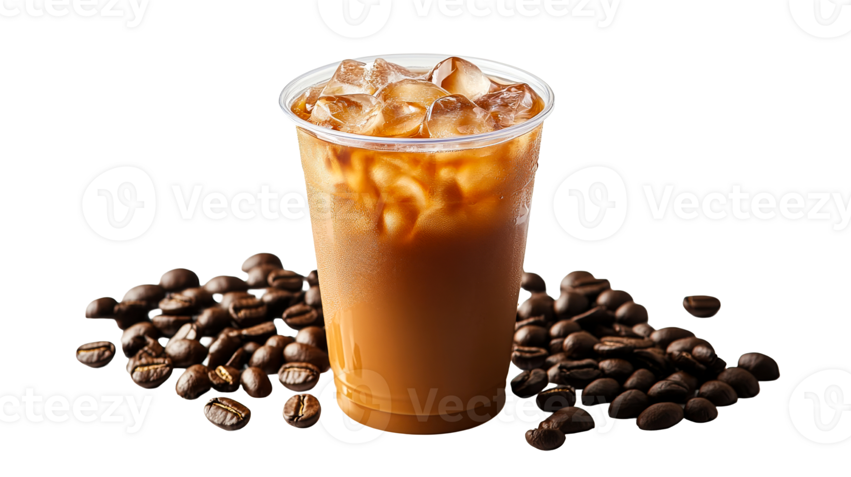 Iced latte with coffee beans on a black background, cut out transparent png
