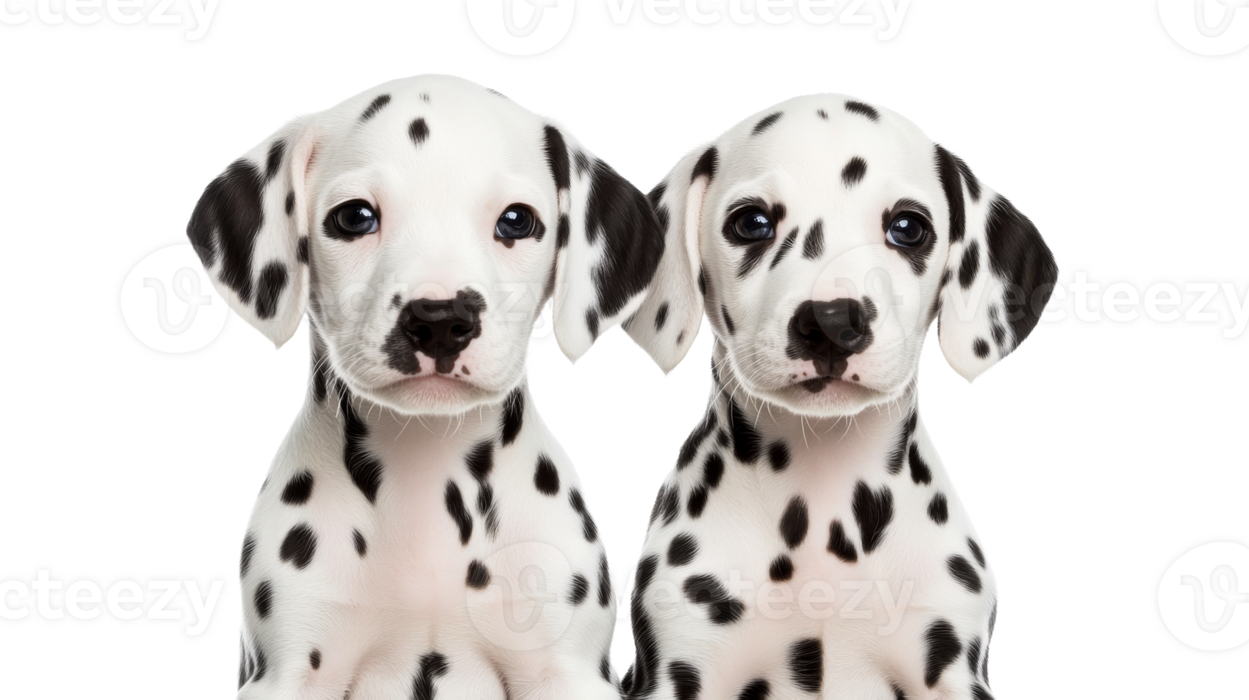 Two Dalmatian puppies, close-up portraits with black background, cut out transparent png