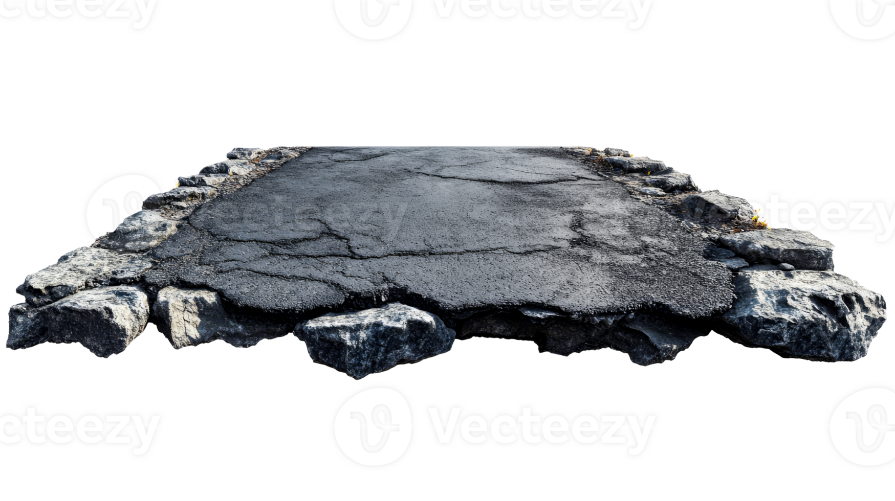 Cracked Asphalt Road Section with Rocks, Terrain Feature, cut out transparent png