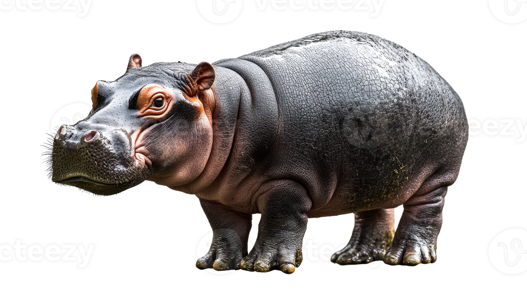 Hippopotamus in closeup standing, side view, on black, cut out transparent png