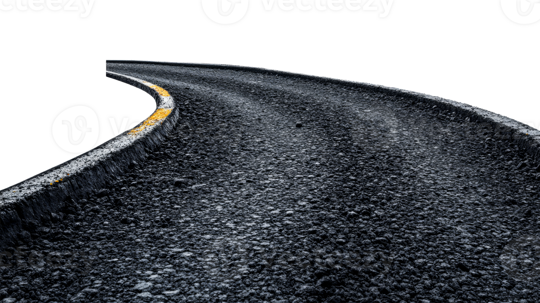 Winding asphalt road, yellow line markings, perspective view, cut out transparent png