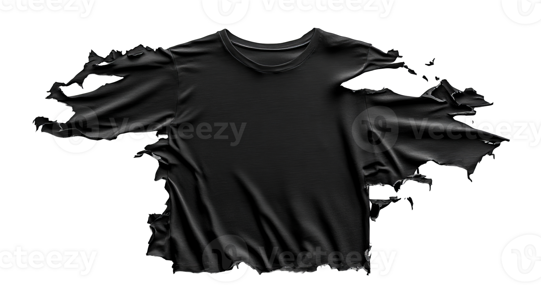 Tattered black t-shirt on a black background, cut out transparent png
