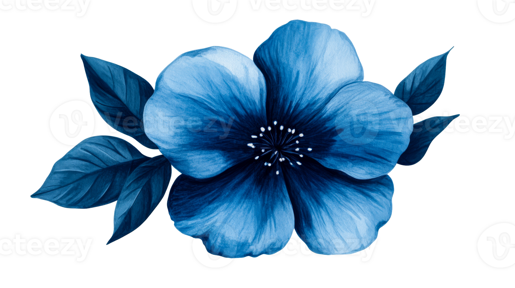 Elegant blue flower illustration with leaves, cut out transparent png