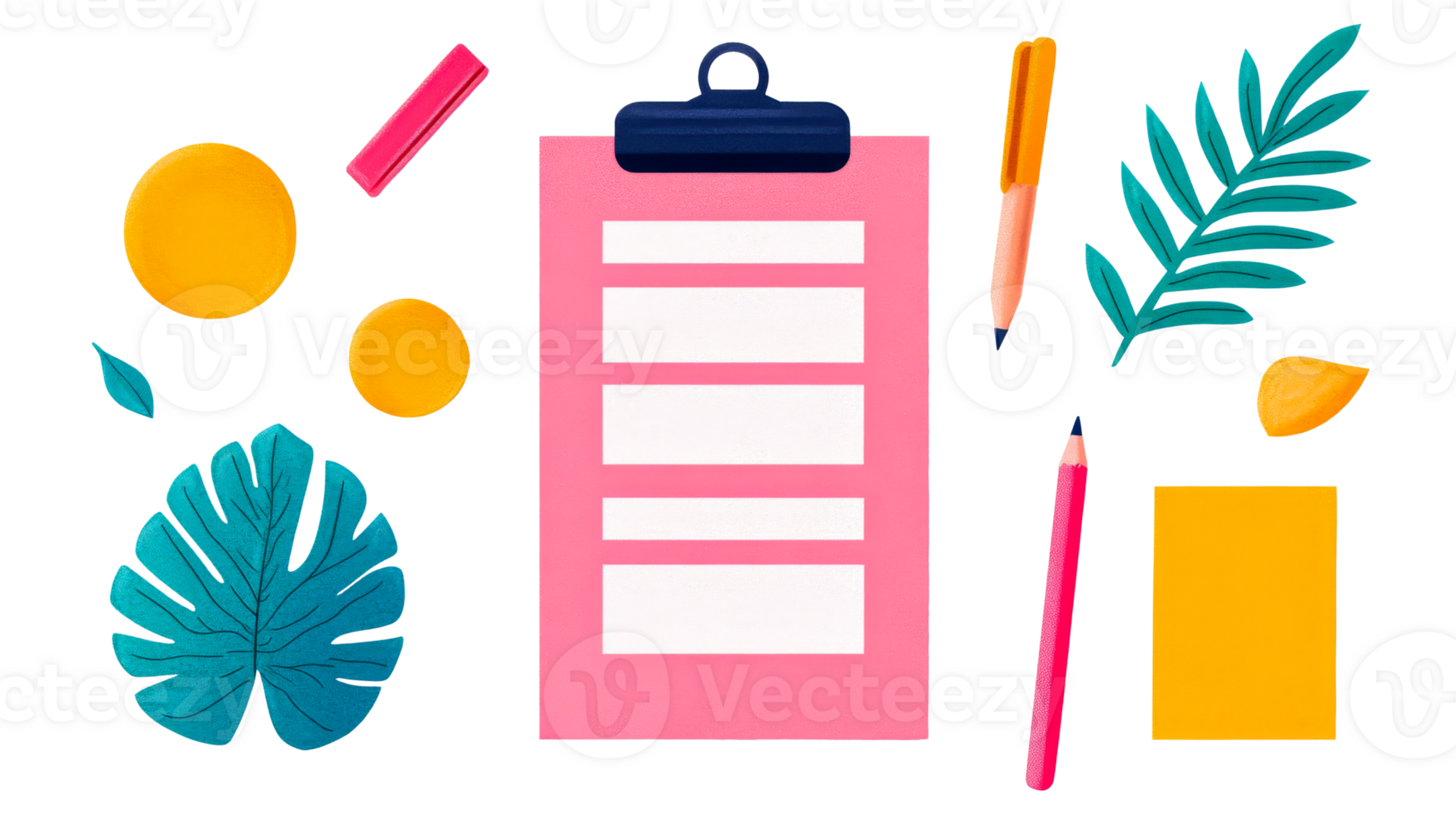 Pink clipboard with stationery elements around, cut out transparent png