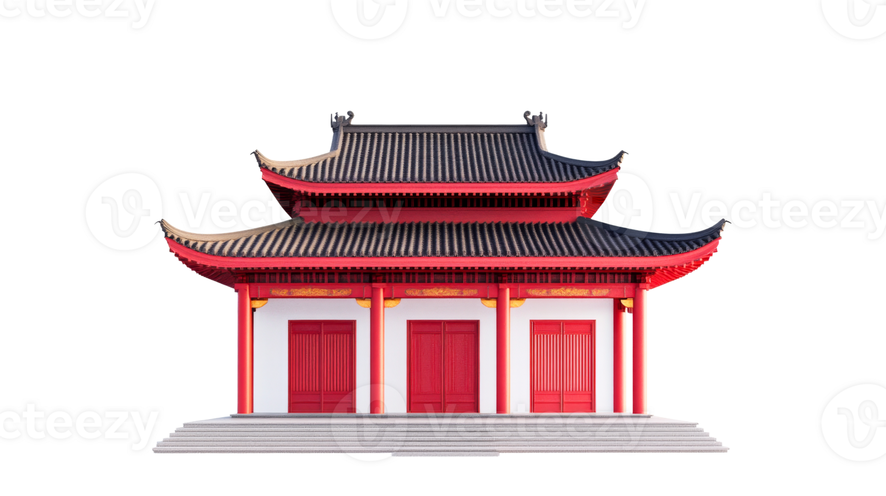 Asian Temple with Red Accents and Tiled Roof, cut out transparent png