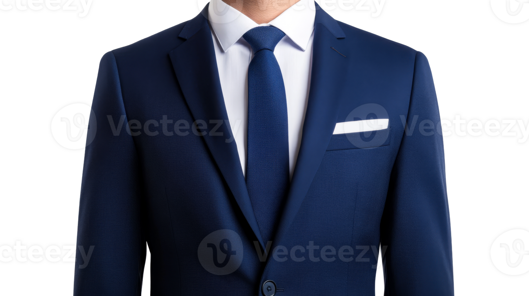 Elegant blue suit with tie and pocket square, cut out transparent png