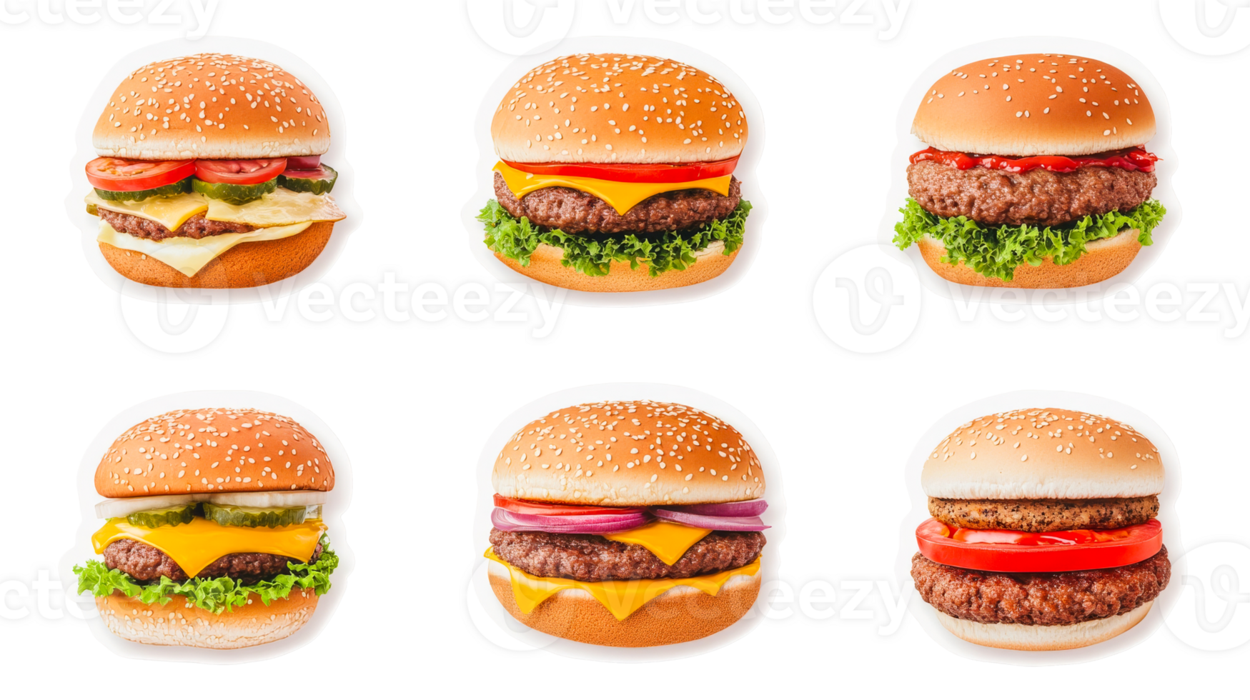 Variety of flavorful burger options on black, cut out transparent png