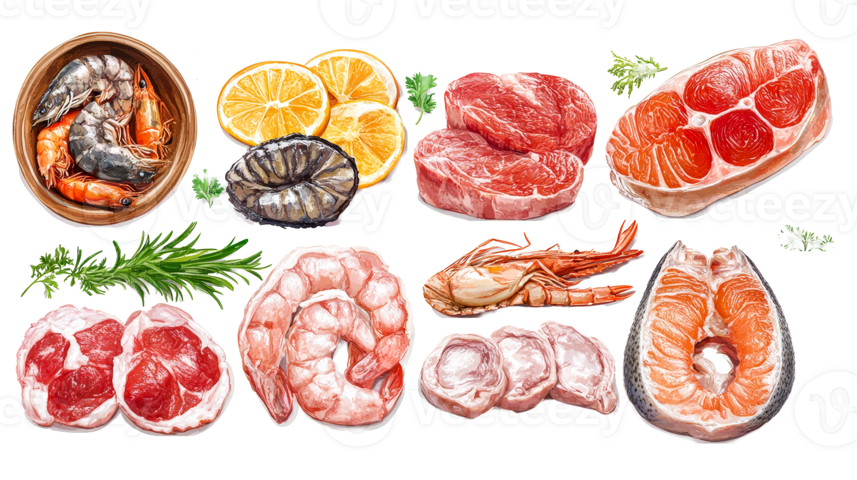 Various meat and seafood assortment, diverse protein selection, cut out transparent png