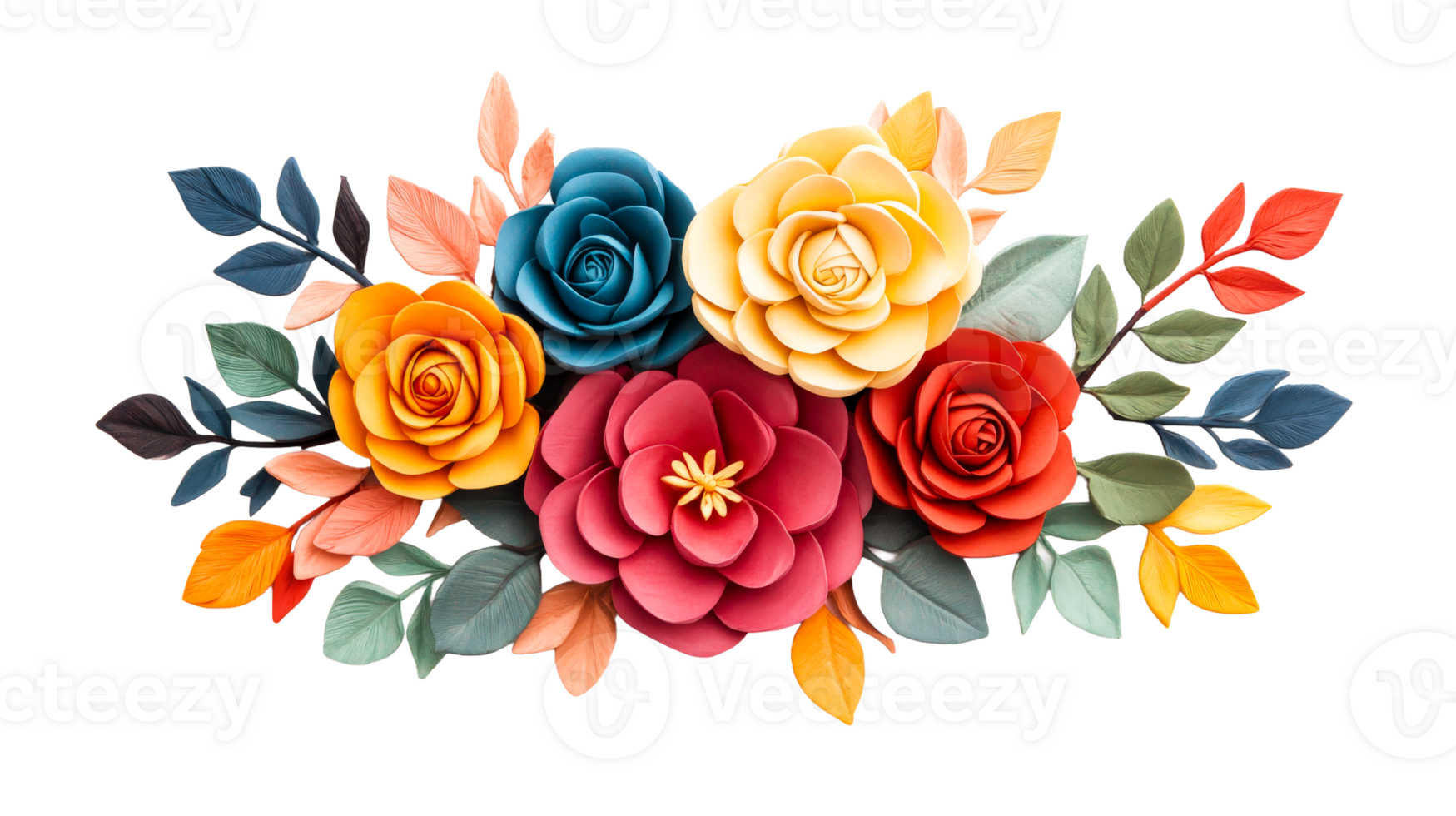 Decorative floral arrangement, crafted paper blooms, elegant design, cut out transparent png
