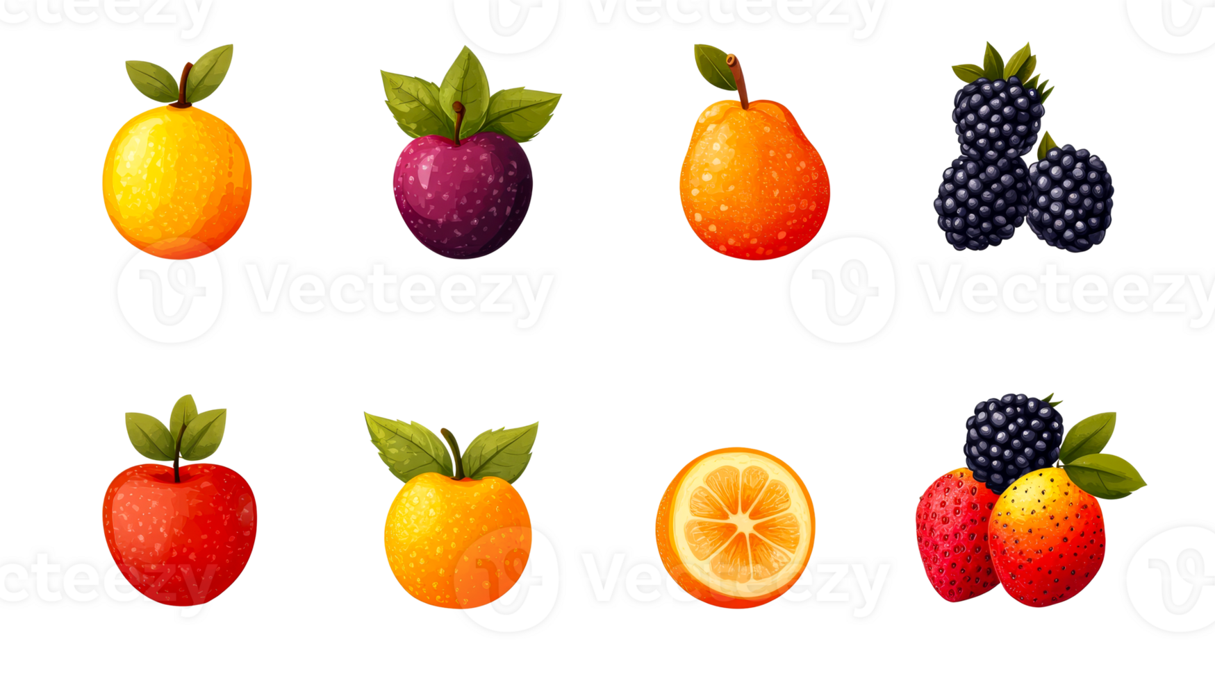 Collection of eight fruits, drawing, , set, isolated, cut out transparent png