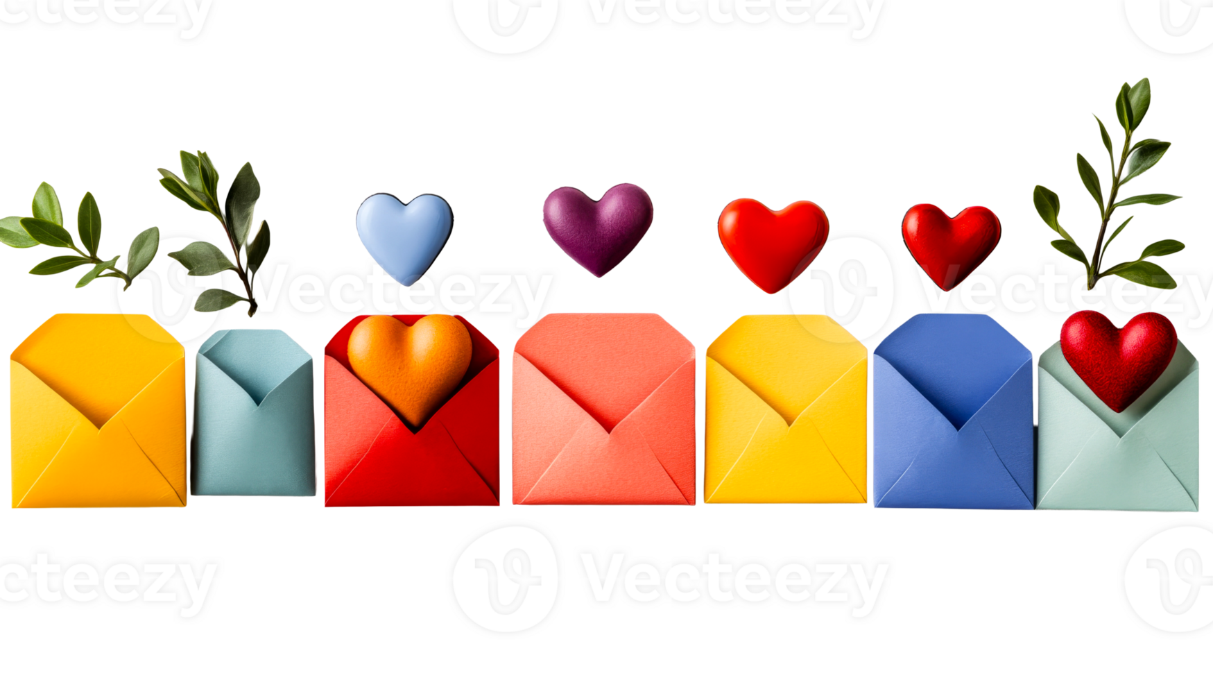Colorful envelopes with hearts and green branches, cut out transparent png