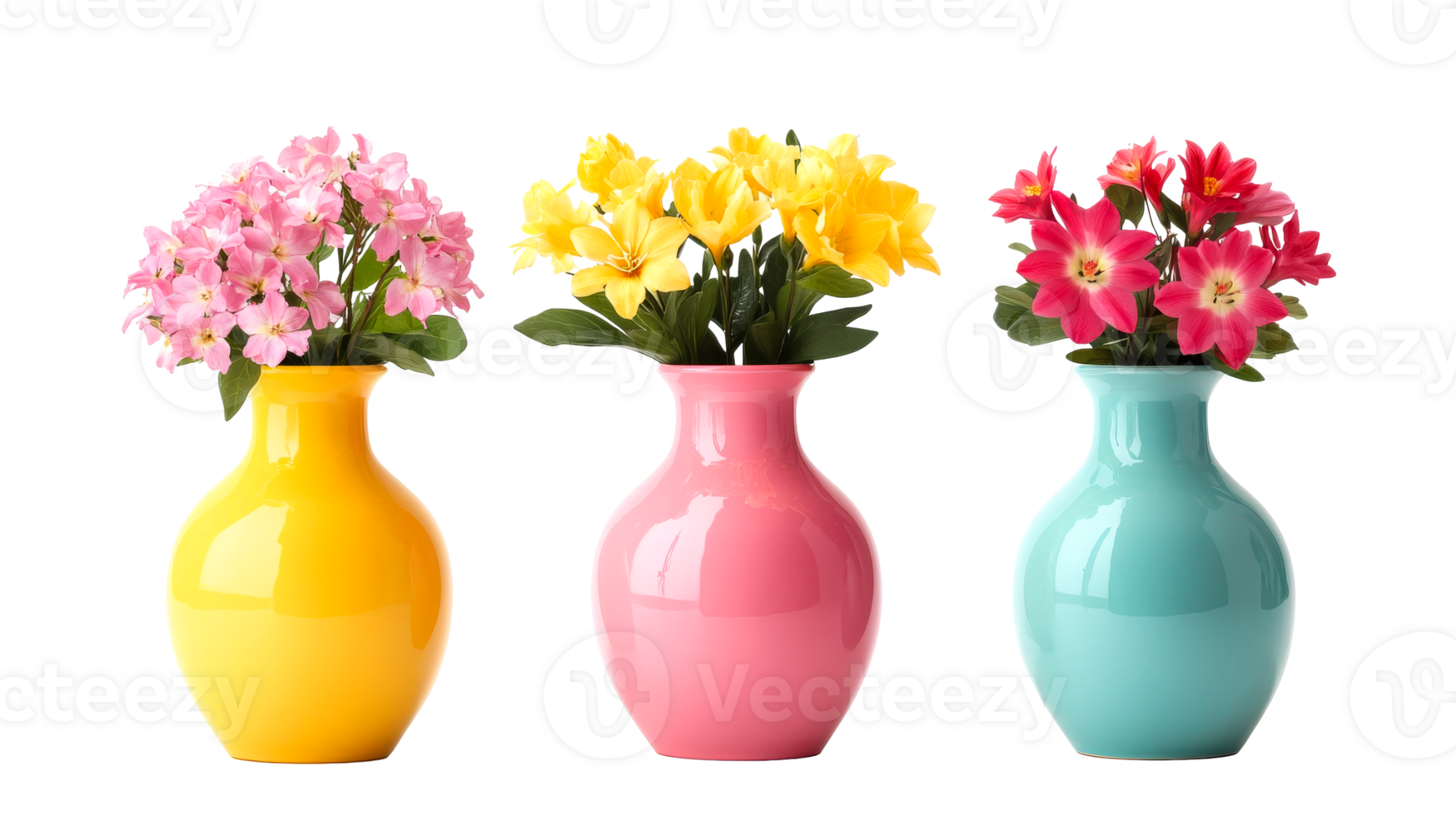 Bright floral arrangement in vases on black background, cut out transparent png
