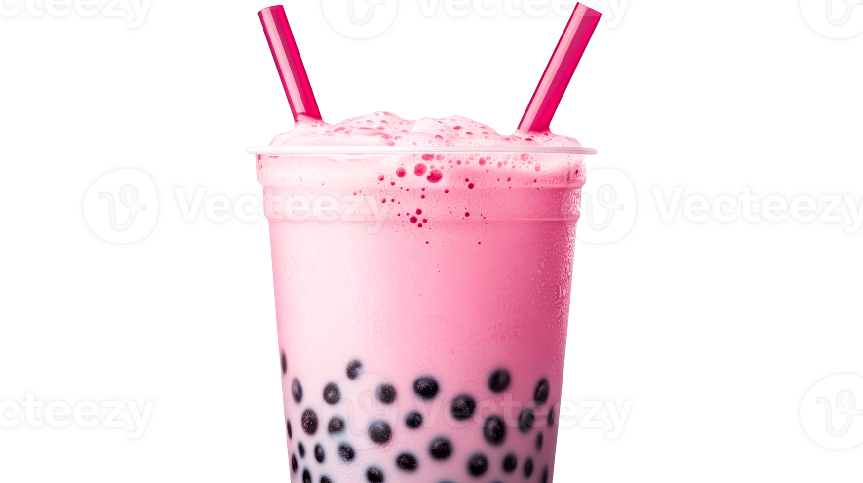 Pink strawberry bubble tea in plastic cup with straws, cut out transparent png