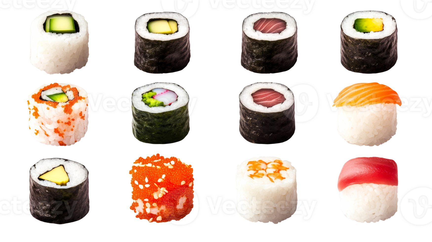 Sushi assortment, fresh ingredients, vibrant colors, close up, cut out transparent png
