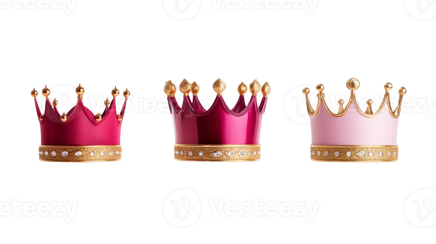 Three colorful crowns with golden accents, cut out transparent png