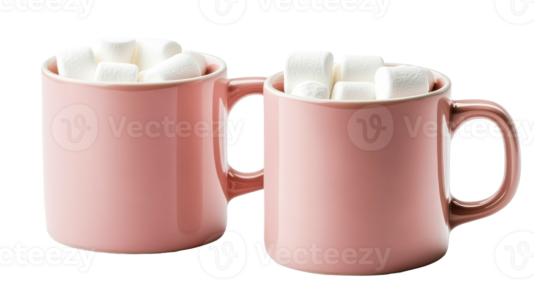 Two pink mugs filled with marshmallows, cozy and sweet , cut out transparent png