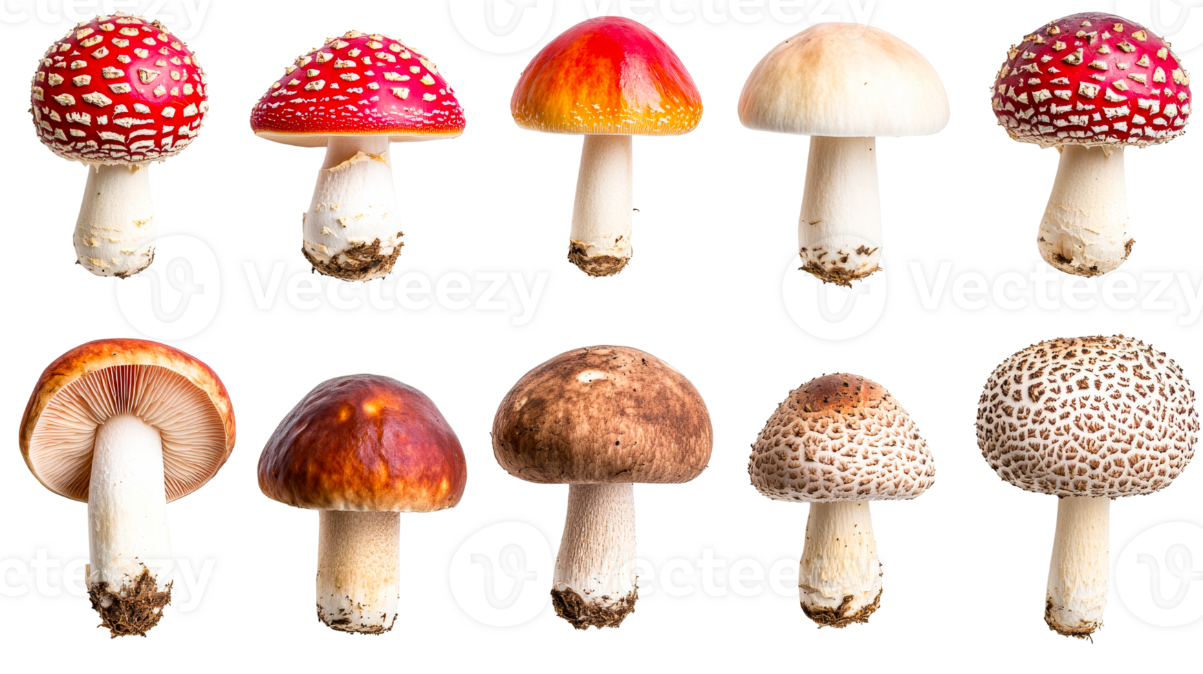 Assorted mushrooms, edible and poisonous, isolated on black, cut out transparent png