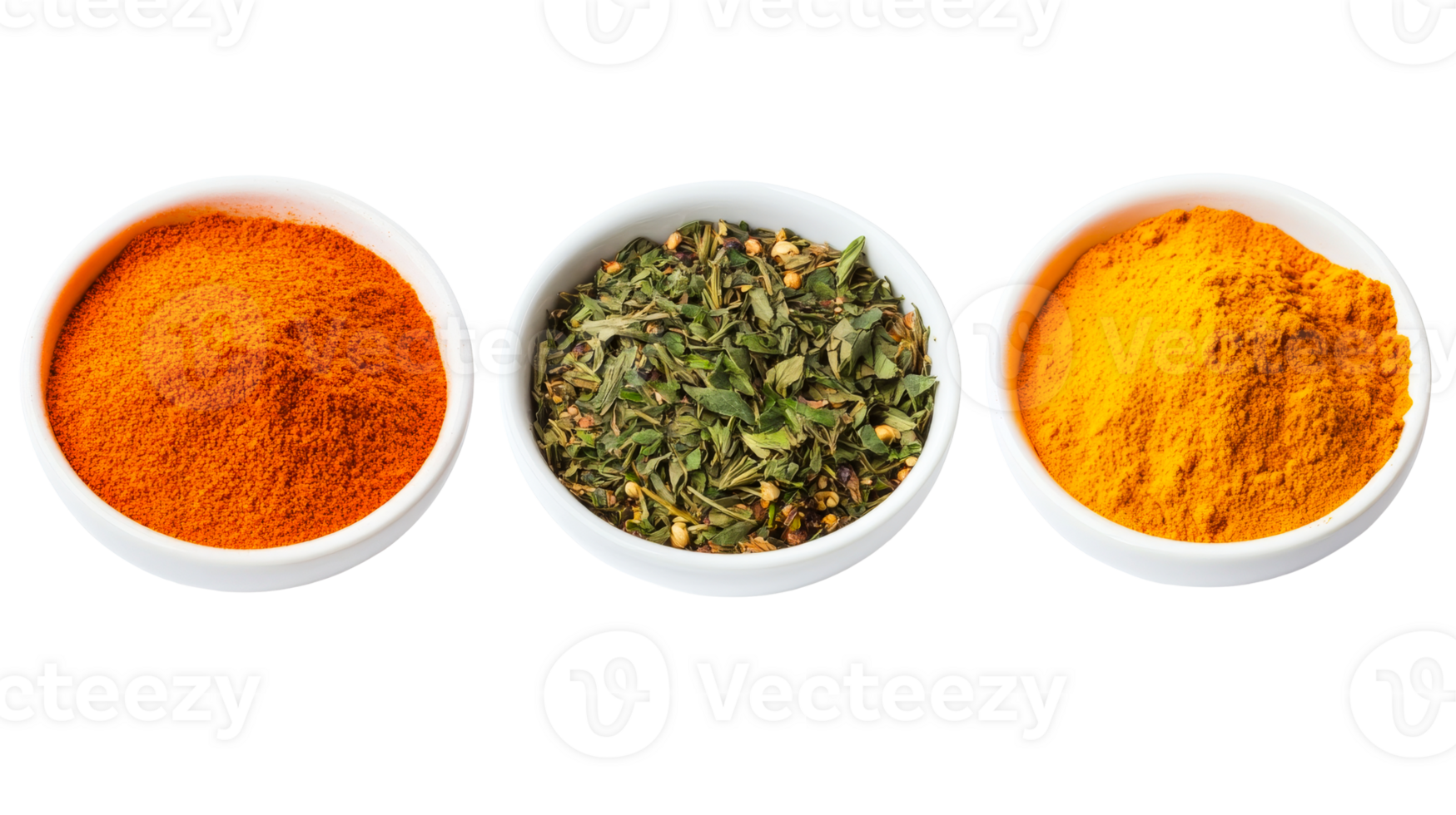 Assorted spices in bowls, close up, cut out transparent png