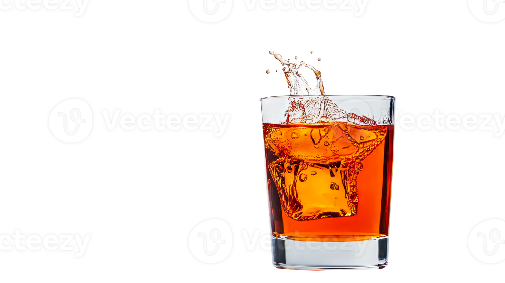 Splashing Whiskey in Glass with Ice Cubes on Black, cut out transparent png