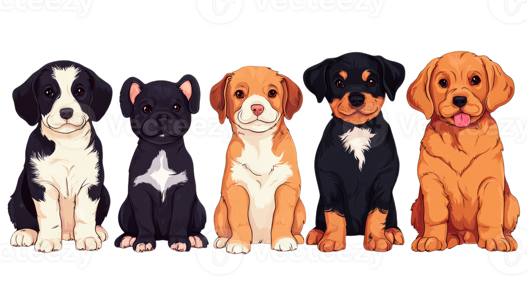 Five diverse puppy breeds sitting in a row, cut out transparent png