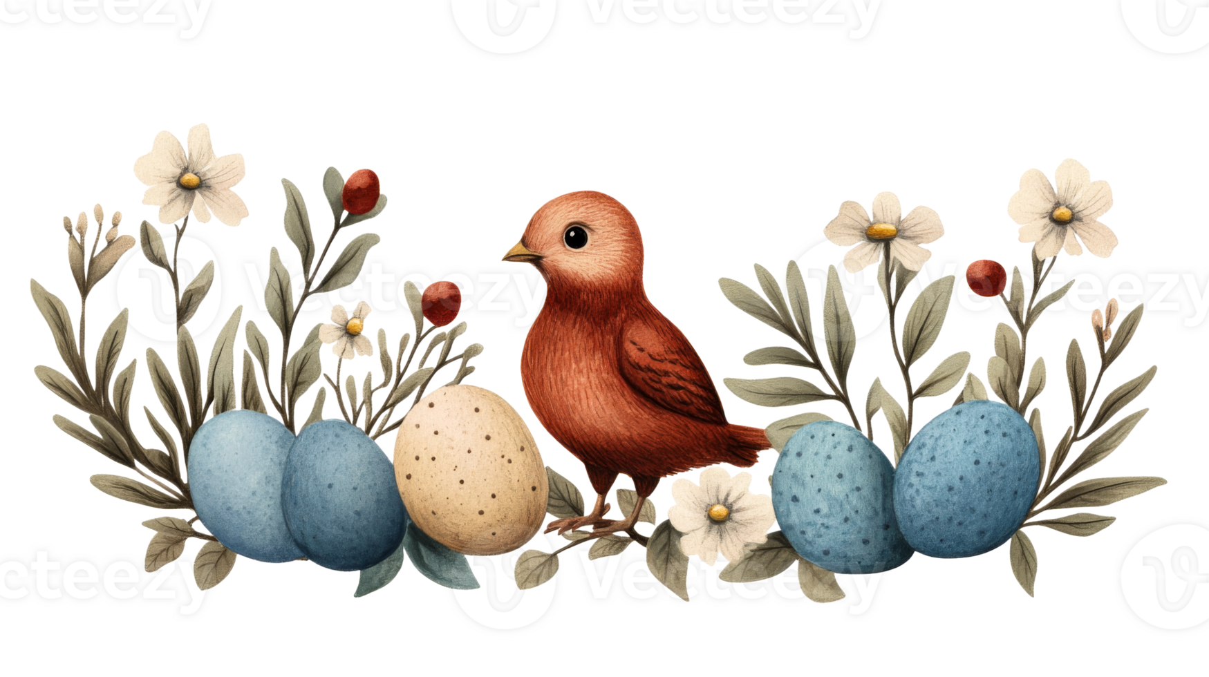 Bird with Easter Eggs and Flowers, Spring Composition, cut out transparent png