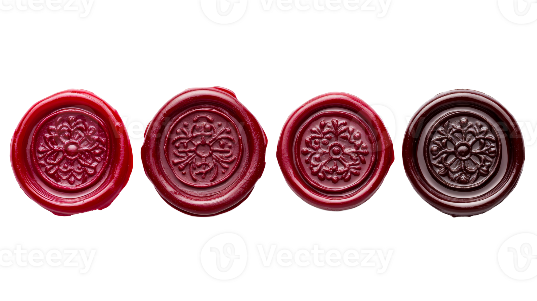 Four ornamental wax seals, red burgundy, vintage letter seals, cut out transparent png