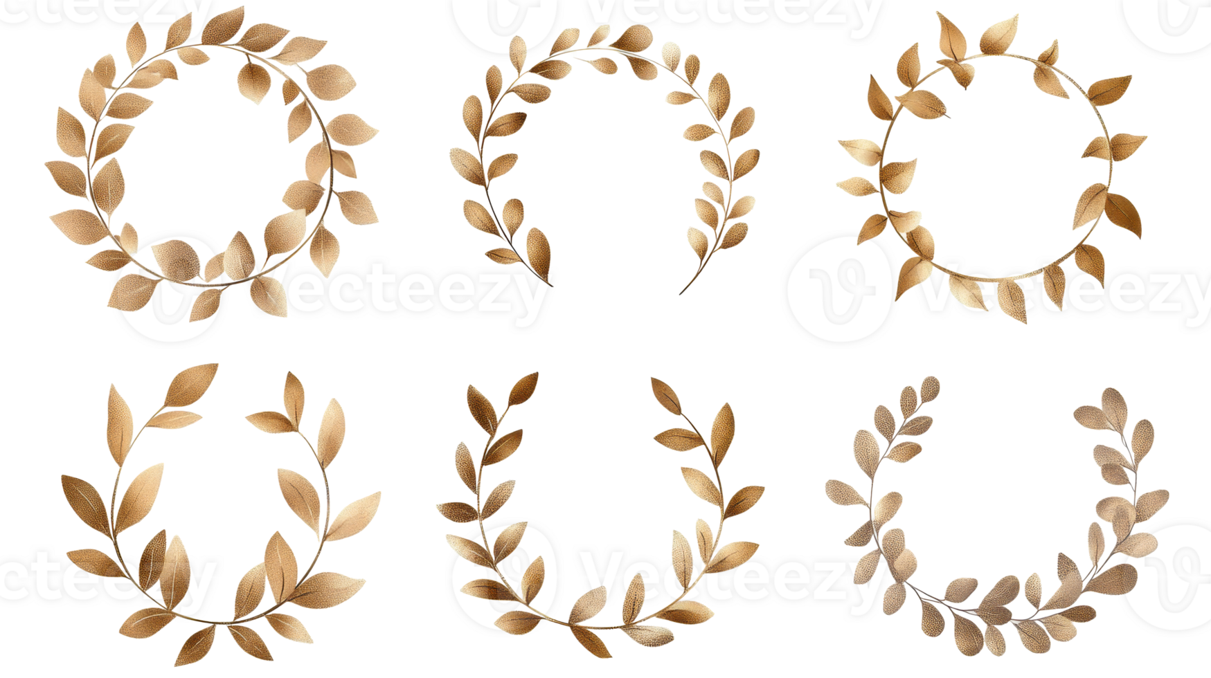 Golden botanical wreaths isolated on black background, cut out transparent png