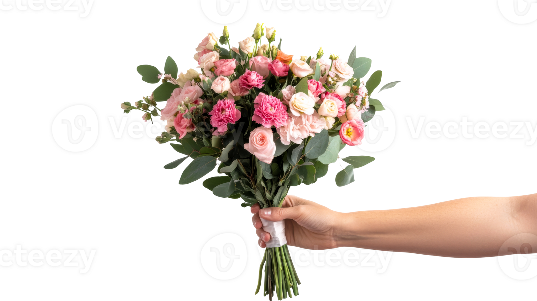 Pink Flower Bouquet in Hand, Gift, Present, Celebration, Romantic, cut out transparent png