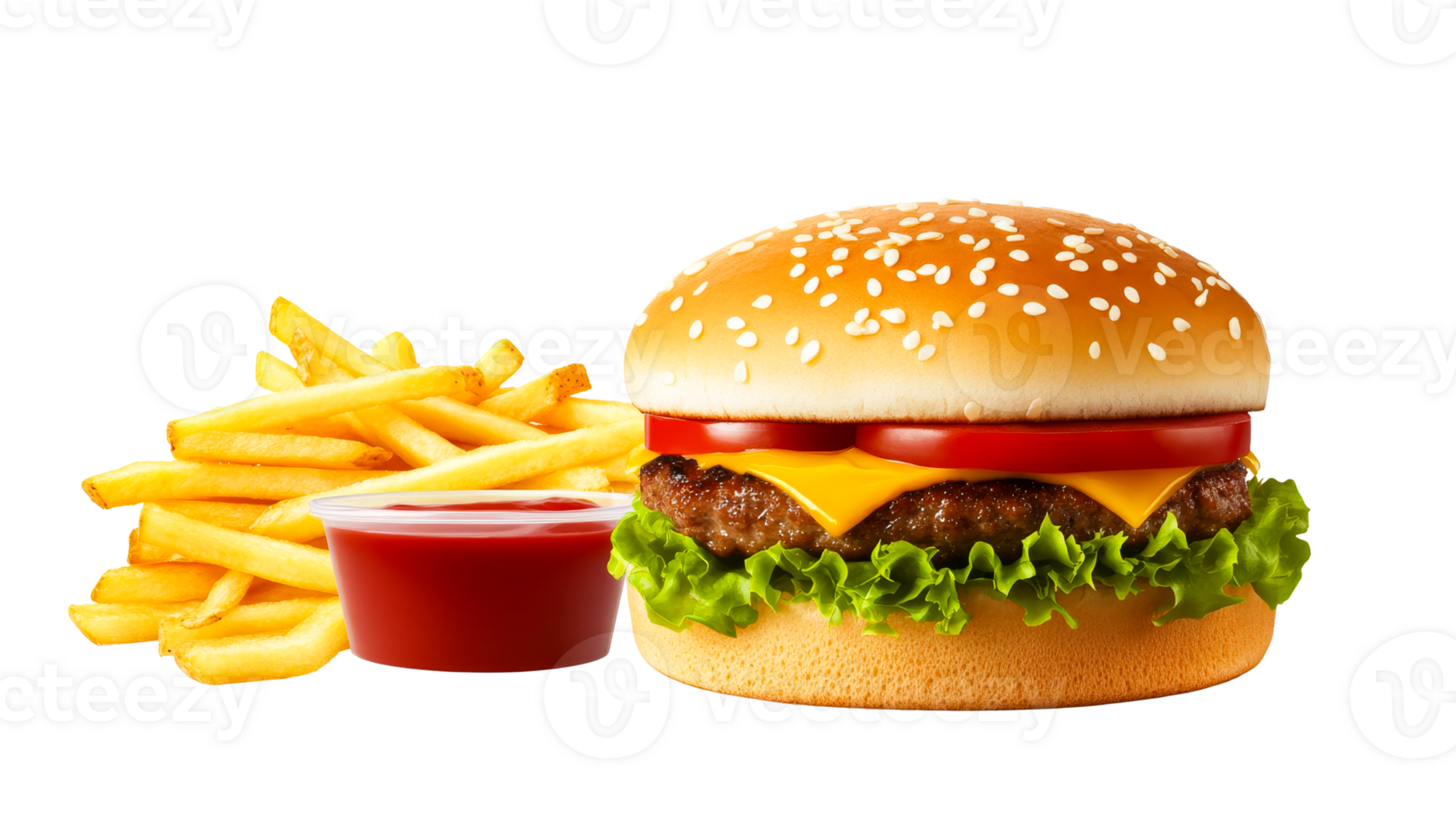 Burger, fries, and ketchup in a transparent style, cut out transparent png
