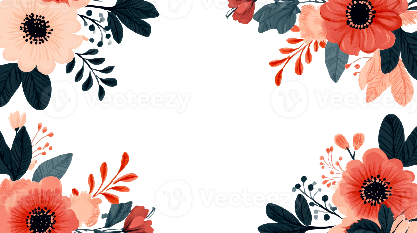 Flower frame with coral blossoms and dark foliage, cut out transparent png