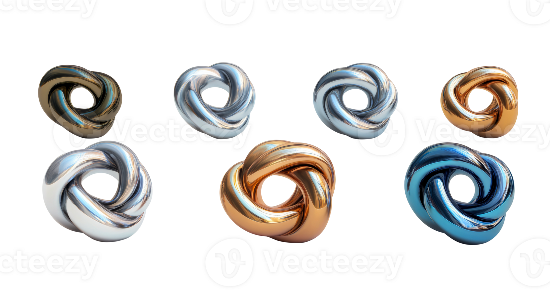Glossy metallic abstract knot shapes, variety, design, cut out transparent png