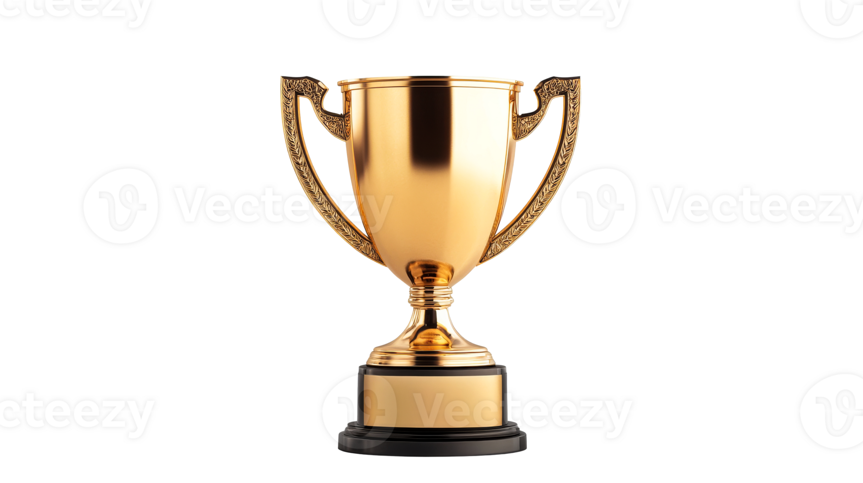 Golden trophy isolated on black background, achievement reward, cut out transparent png