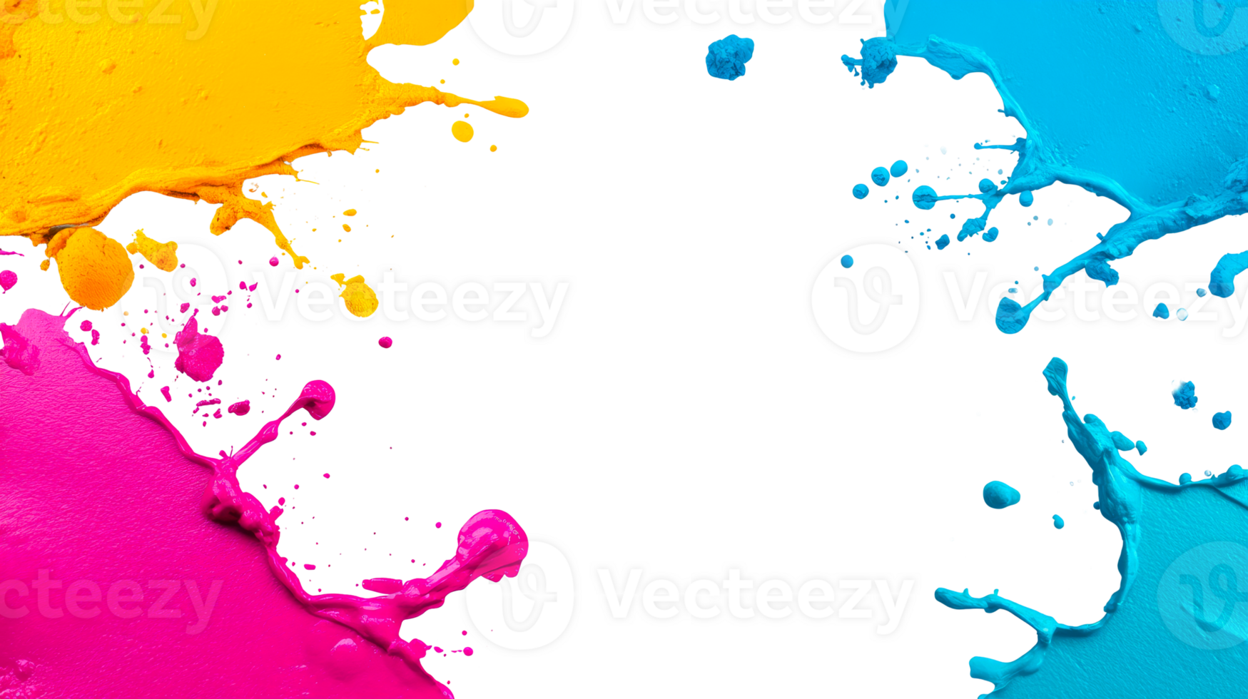 Multicolored paint splatters on black background, cut out transparent png
