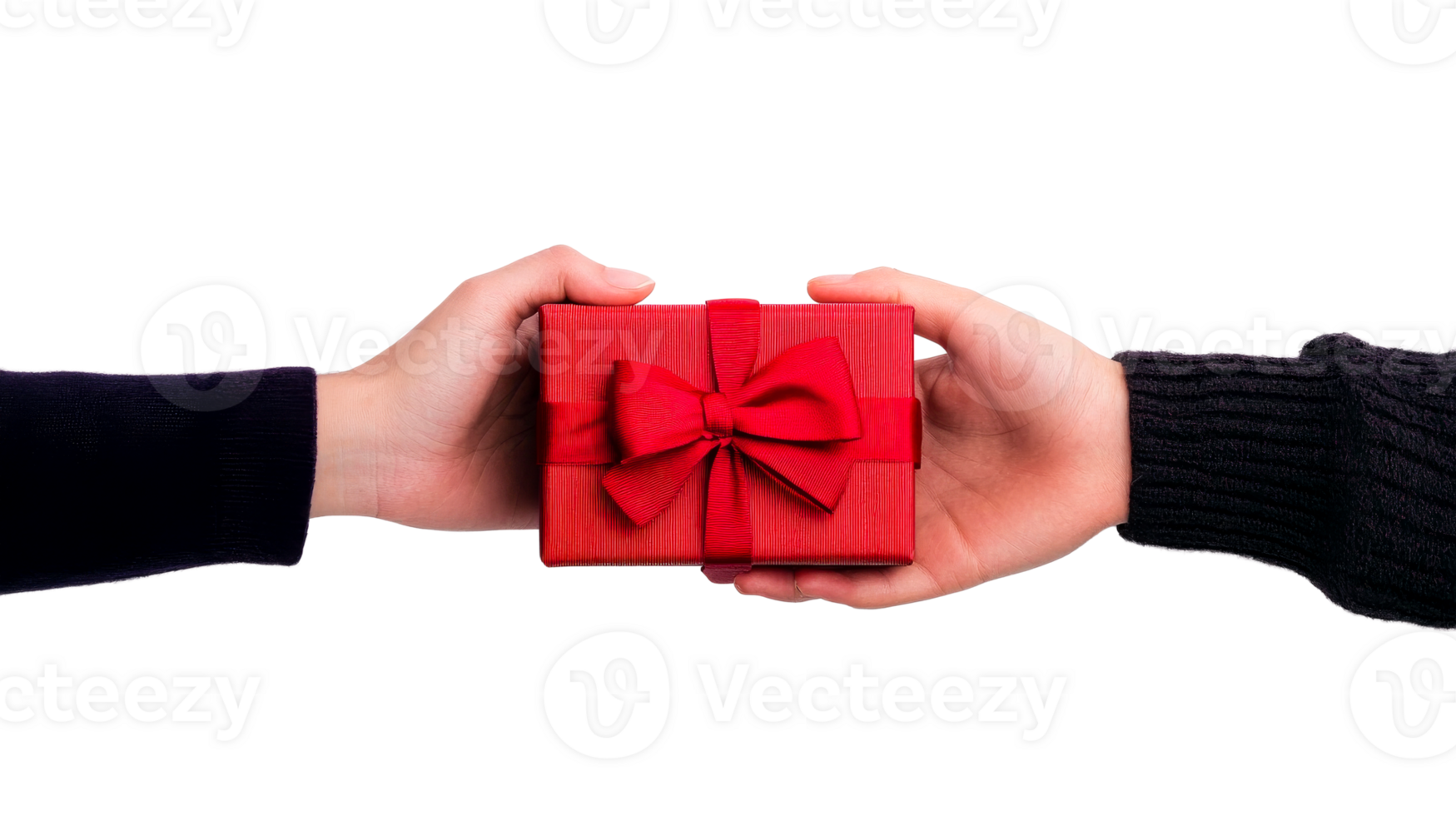 Giving red gift with bow in hand, cut out transparent png