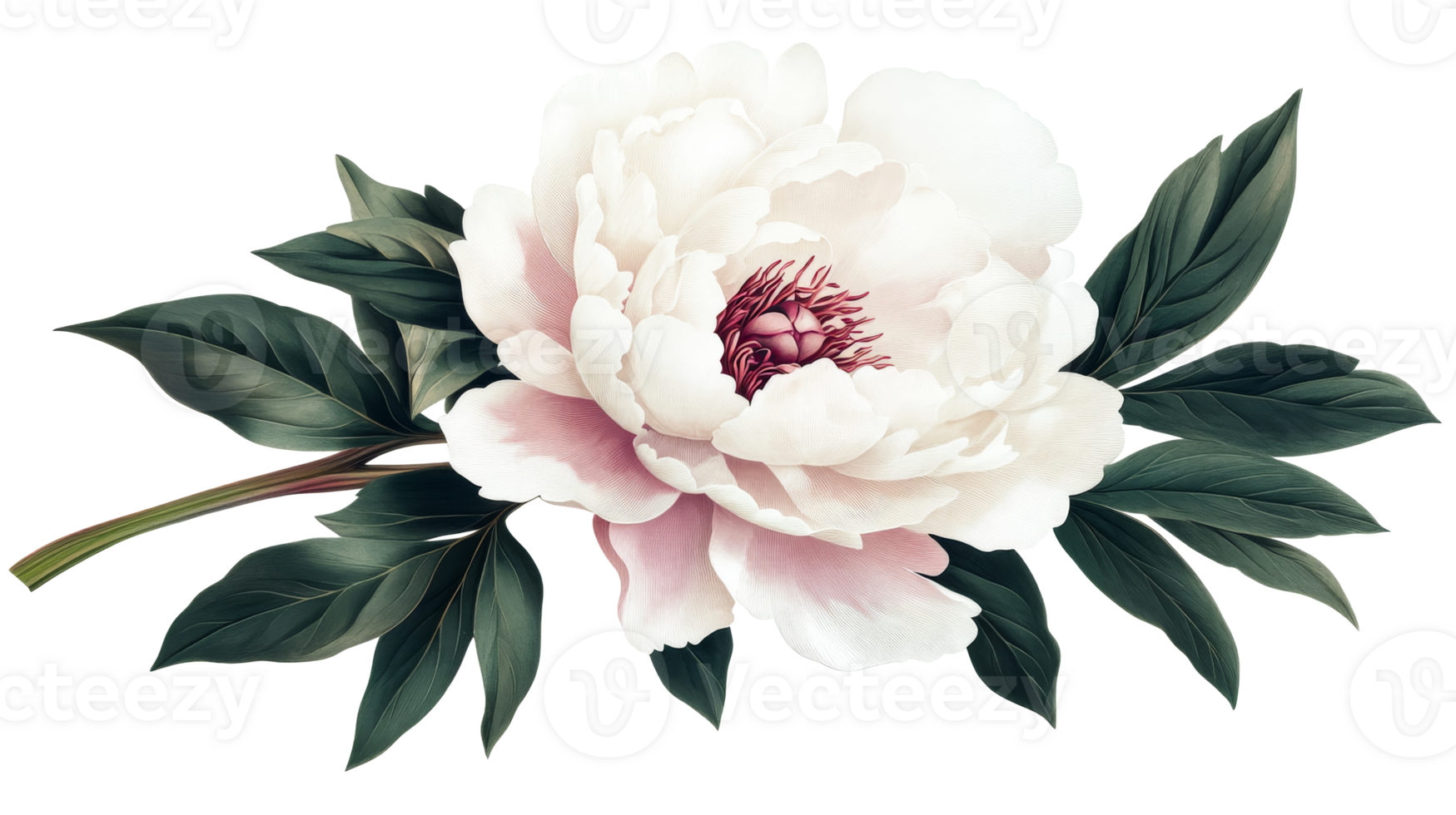 White peony flower and green leaves bouquet, botanical illustration, cut out transparent png