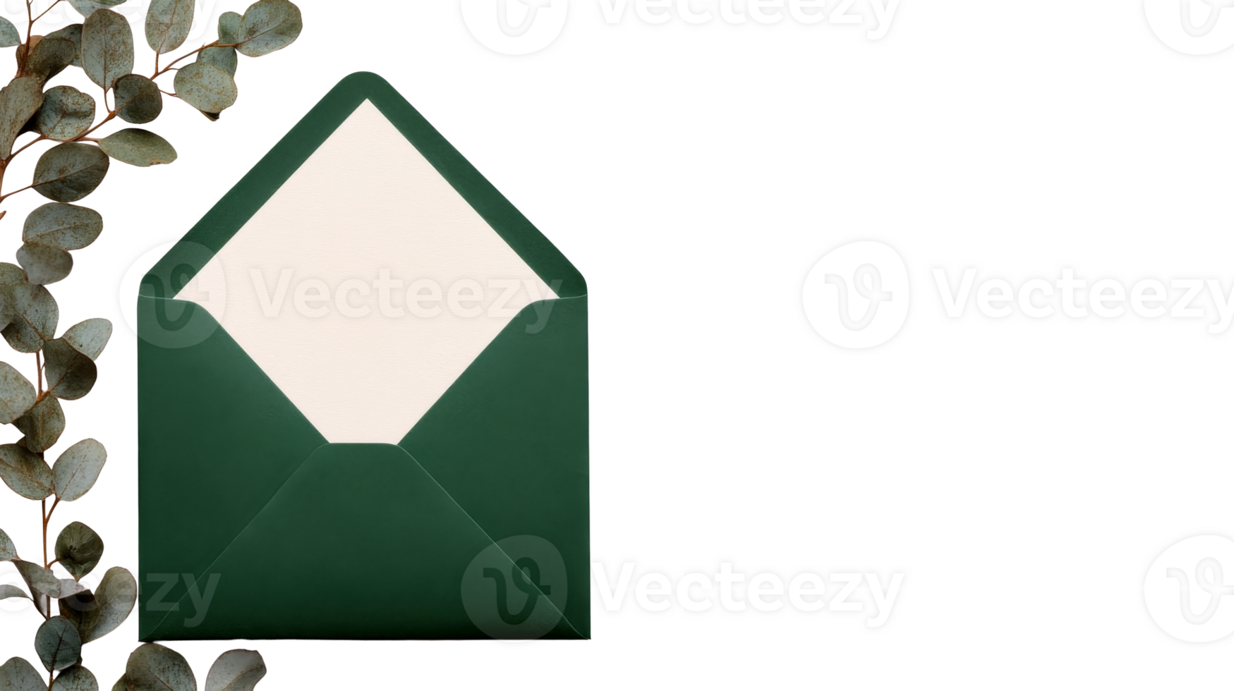 Green envelope with sprig decoration, cut out transparent png