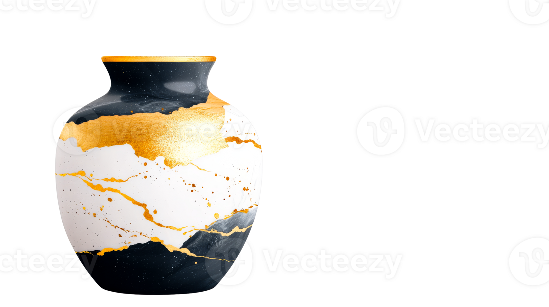 Marble vase in black, white and gold colors, cut out transparent png