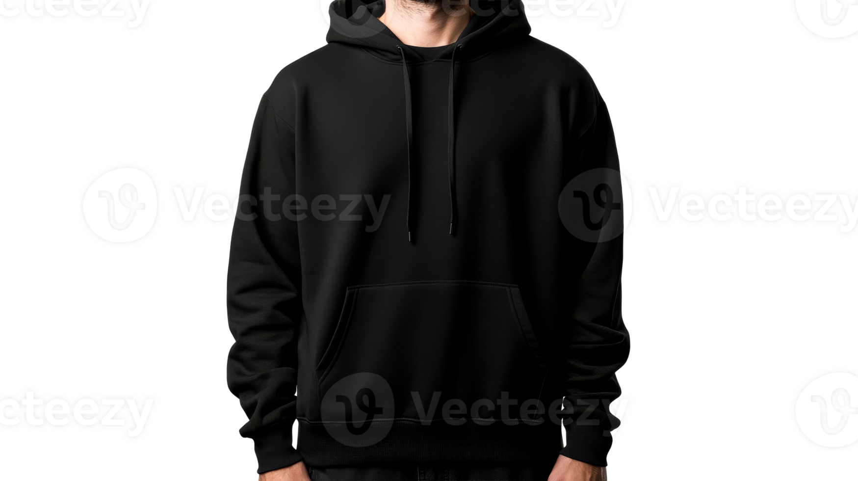 Man in stylish black hoodie with drawstrings, isolated, cut out transparent png