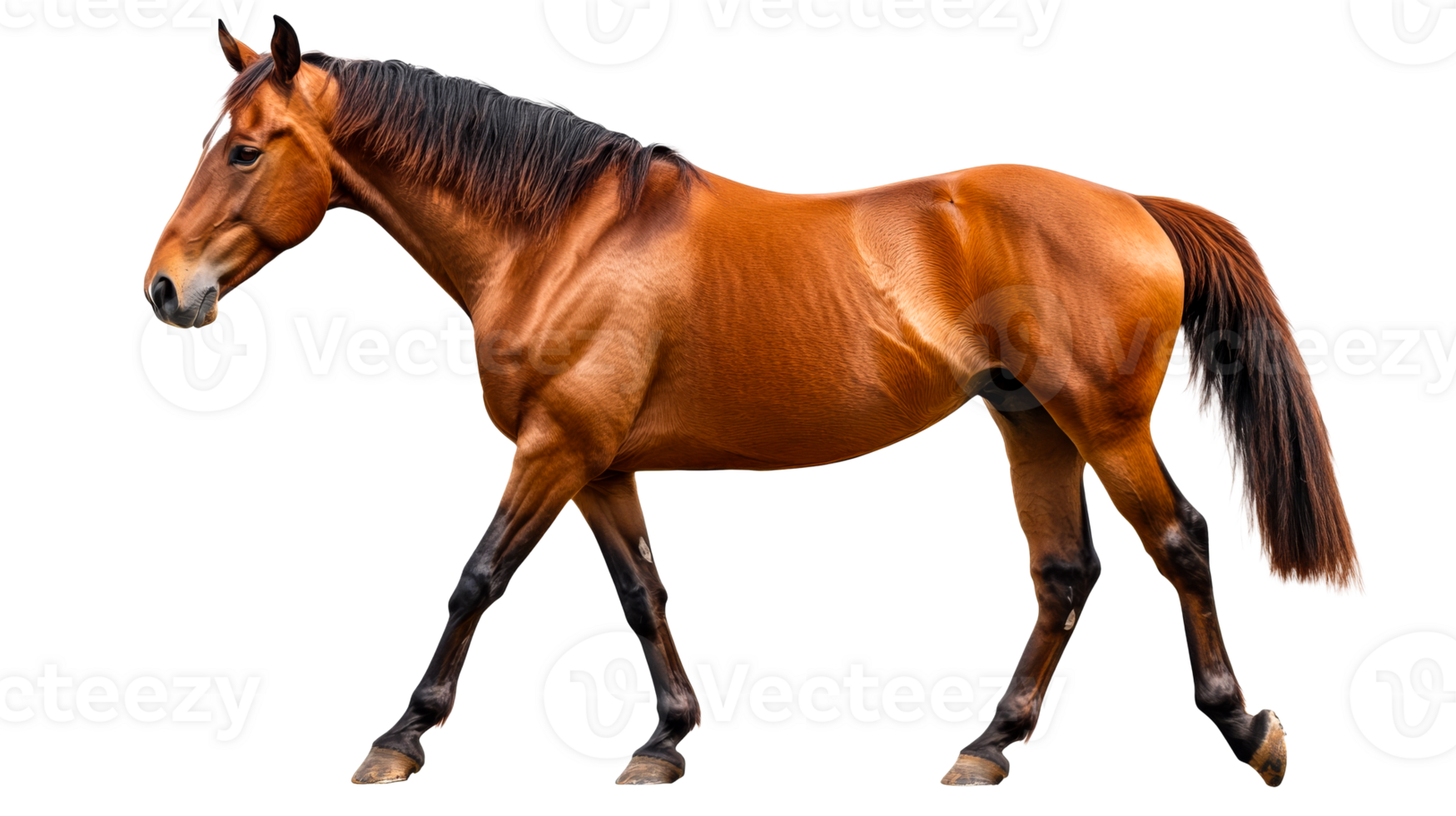 Brown horse walking forward gracefully, elegance in motion, cut out transparent png