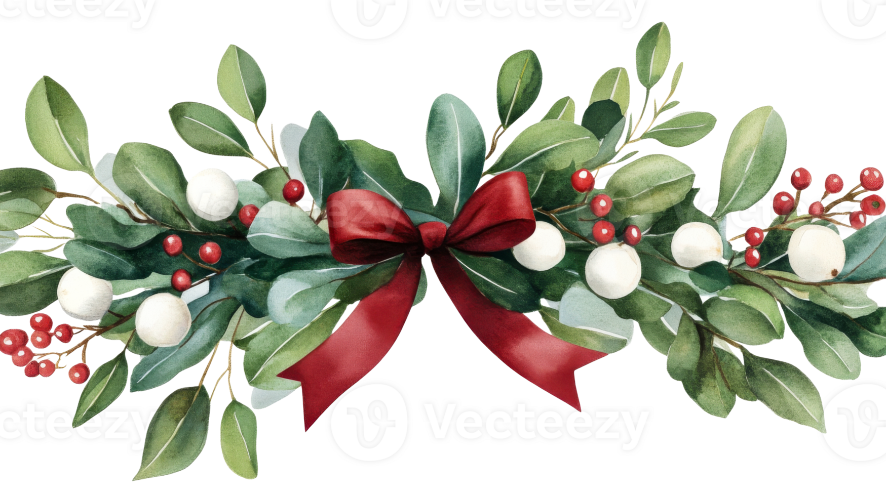 Christmas decoration with greenery, red ribbon, cut out transparent png