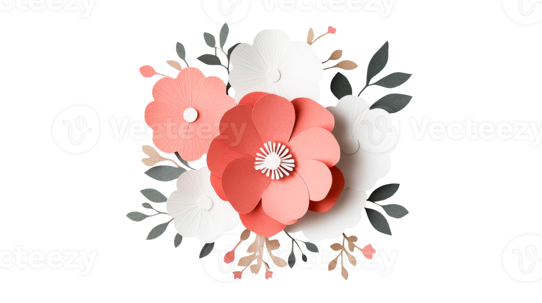 Floral arrangement of coral and white blossoms, cut out transparent png
