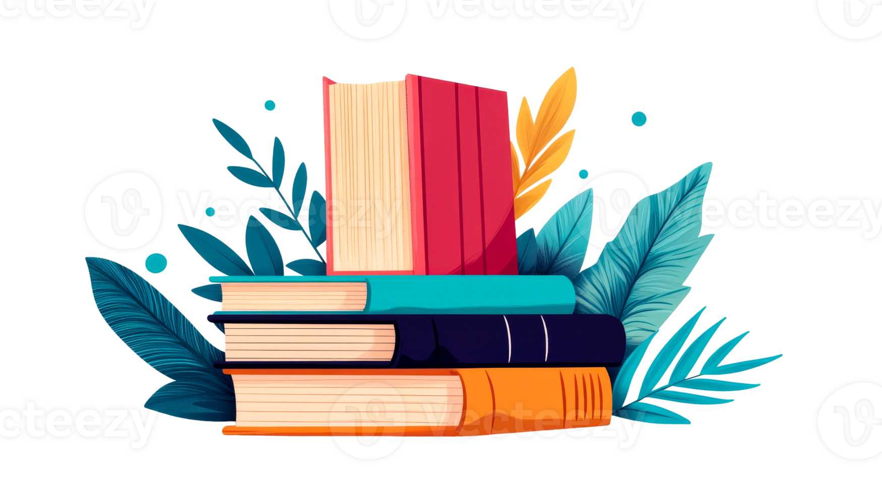 Stack of colorful books with leaves illustration, cut out transparent png