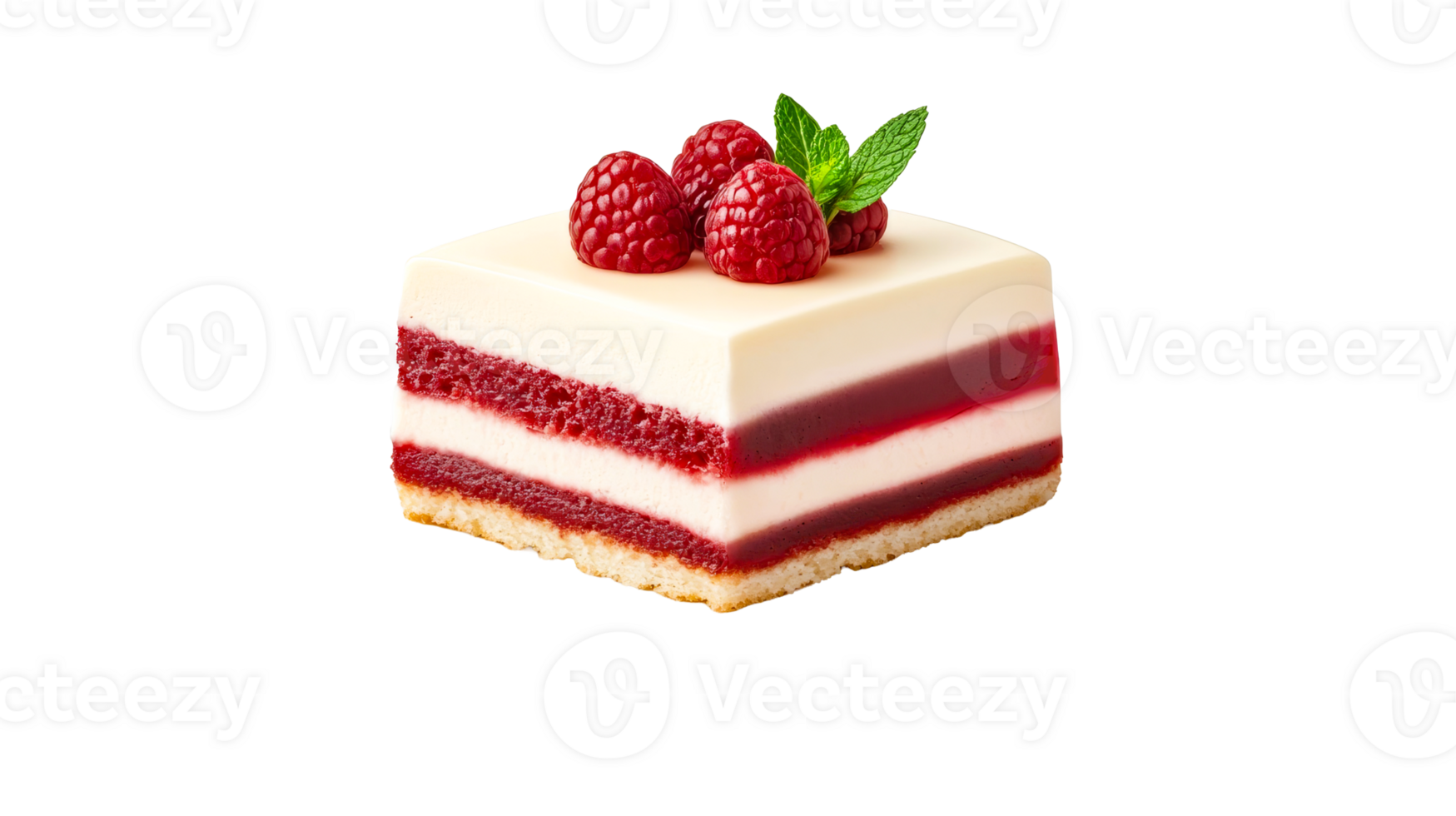Raspberry dessert with mint, cake layers isolated, cut out transparent png