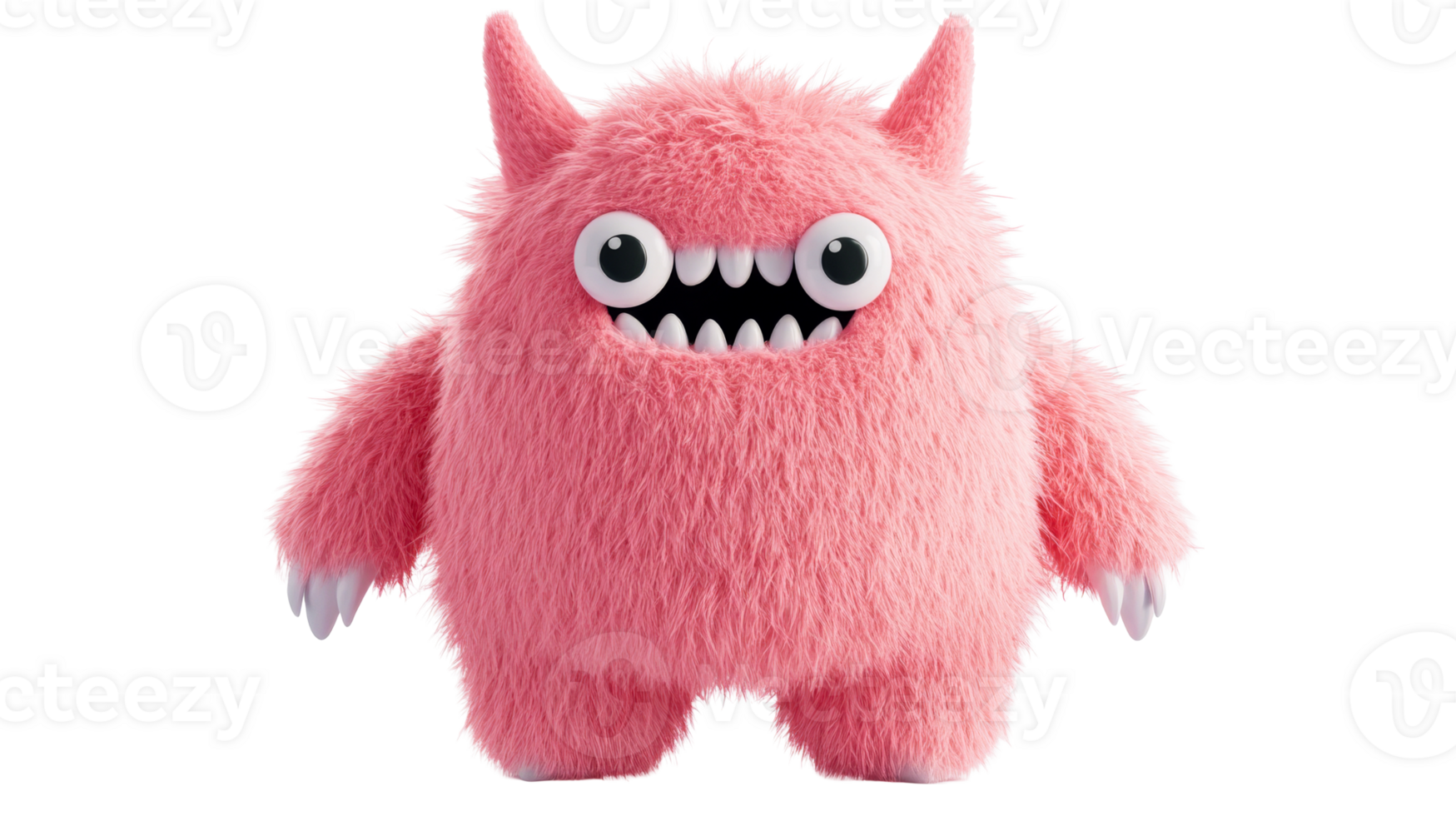 Pink furry monster with horns, teeth and claws, cut out transparent png