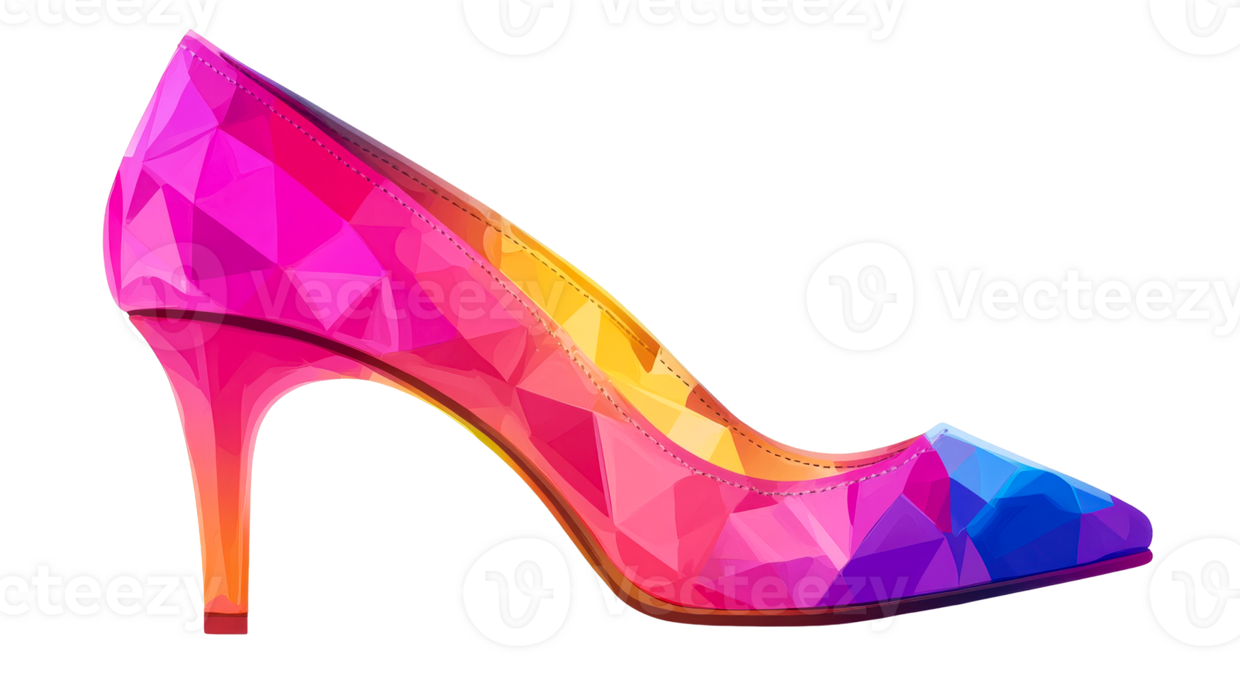 Colorful high heel shoe artwork in vivid polygonal style, cut out transparent png