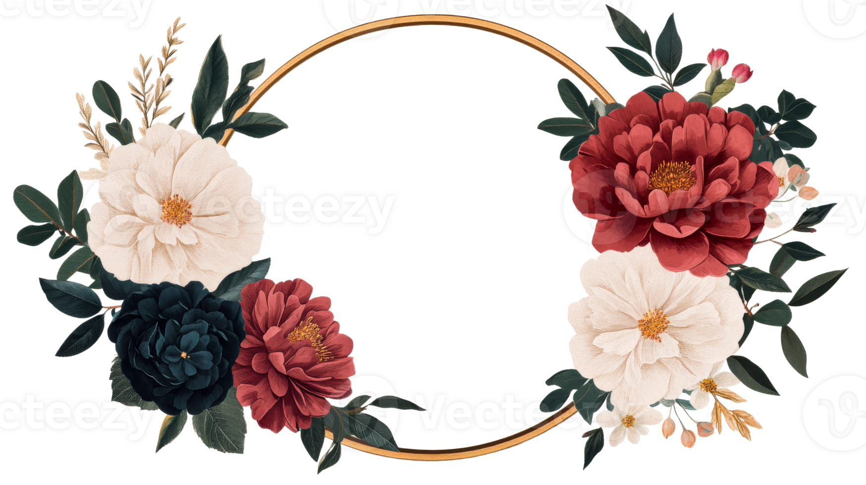 Floral frame with red, white, blue flowers, golden circle, cut out transparent png